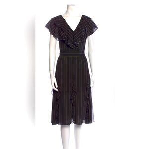 Alice and Olivia V neck ruffle black with tan stripes midi dress size XS/2